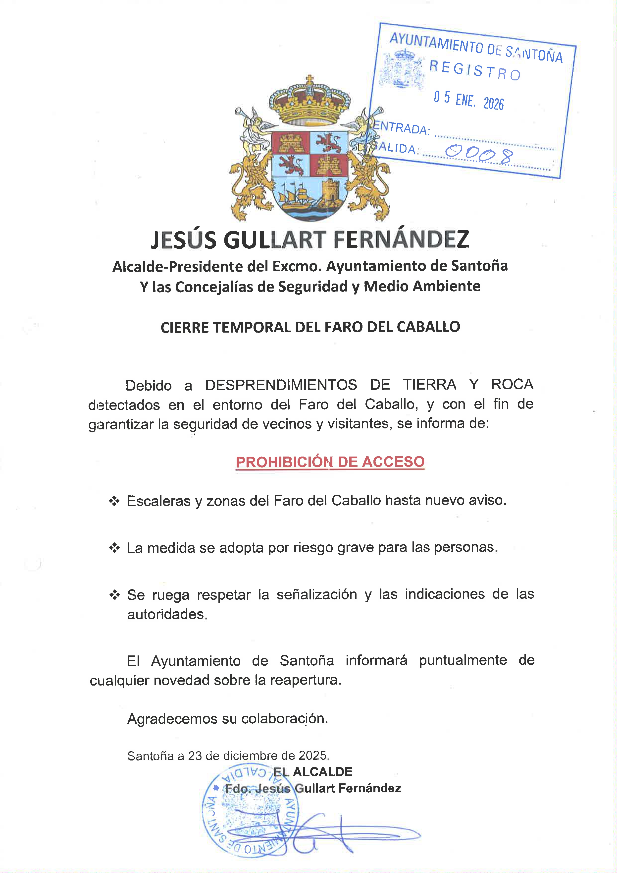 Cierre temporal del Faro del Caballo